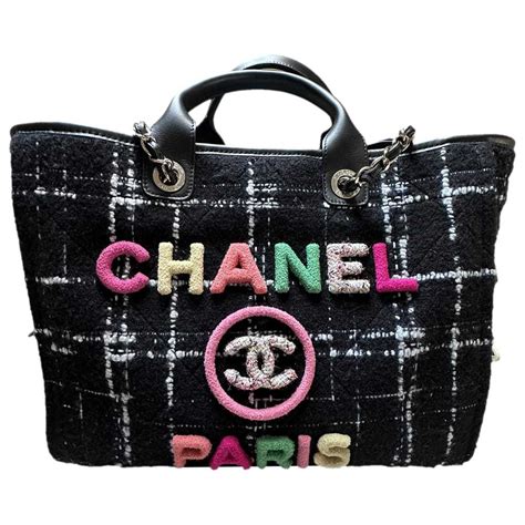 chanel tweed black and white bag|Chanel deauville tweed tote.